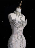 Mermaid Strapless Tulle With Silver Beads Long Wedding Dresses Brides Dress SD1864