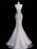 Mermaid Strapless Tulle With Silver Beads Long Wedding Dresses Brides Dress SD1864