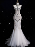 Mermaid Strapless Tulle With Silver Beads Long Wedding Dresses Brides Dress SD1864