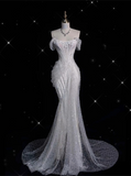 Mermaid Off The Shoulder Sequin Short Sleeves White Wedding Dresses Brides Dress SD1930