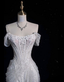 Mermaid Off The Shoulder Sequin Short Sleeves White Wedding Dresses Brides Dress SD1930