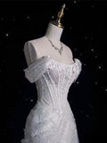 Mermaid Off The Shoulder Sequin Short Sleeves White Wedding Dresses Brides Dress SD1930