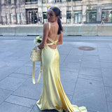 Mermaid Spaghetti Straps Floor Length Yellow Evening Dress Backless Prom Dresses SD2047
