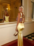 Sheath Square Neckline 2 Pieces Floor-length Satin Long Yellow Evening Dress Prom Dresses SD2052