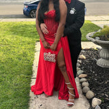 Mermaid Spaghetti Straps Slit Red Satin Prom Dresses Long Party Dress SD2283