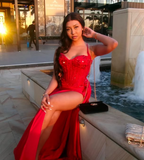 Mermaid Spaghetti Straps Slit Red Satin Prom Dresses Long Party Dress SD2283