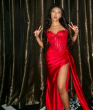 Mermaid Spaghetti Straps Slit Red Satin Prom Dresses Long Party Dress SD2283