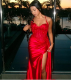 Mermaid Spaghetti Straps Slit Red Satin Prom Dresses Long Party Dress SD2283