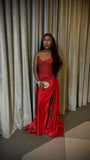 Mermaid Spaghetti Straps Slit Red Satin Prom Dresses Long Party Dress SD2283