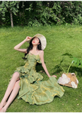 Irregular Ruffled Spaghetti Straps Green Prom Dresses With Detachable Rose Long Birthday Dress For Women SD236