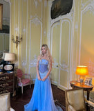 A Line Off The Shoulder Maxi Long Party Light Blue Chiffon Prom Dresses Evening Dress SD2383