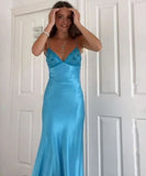 V-neck Blue Beaded Back Tie A-line Long Prom Dress SD2470
