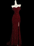 Mermaid Sweetheart Red Slit Sequin Long Evening Gowns Prom Dress SD2766