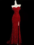 Mermaid Sweetheart Red Slit Sequin Long Evening Gowns Prom Dress SD2766