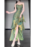 Mermaid Spaghetti Straps Green Prom Dresses Birthday Outfits With Flower SD537
