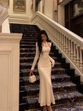 Sheath Halter Long Sleeves White Date Night Dress Ruffles Prom Dresses Birthday Outfit SD773
