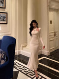 Sheath Halter Long Sleeves White Date Night Dress Ruffles Prom Dresses Birthday Outfit SD773