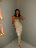 Mermaid Strapless Long Yellow Sequin Satin Party Dresses Prom Dresses SD2042
