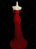 Mermaid Sweetheart Red Slit Sequin Long Evening Gowns Prom Dress SD2766