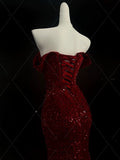 Mermaid Sweetheart Red Slit Sequin Long Evening Gowns Prom Dress SD2766