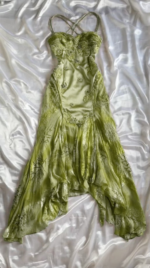 Evafashion Vintage Floral Satin Applique Spaghetti Straps Chiffon Prom Dresses Party Dresses HZ1024